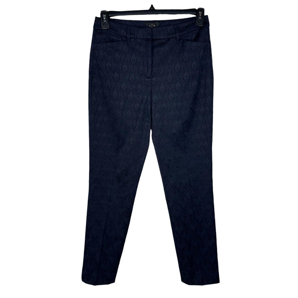 WHBM SZ 4L LONG Curvy Slim Ankle Dress Pants Jacquard Scroll Stretch Pocket Navy